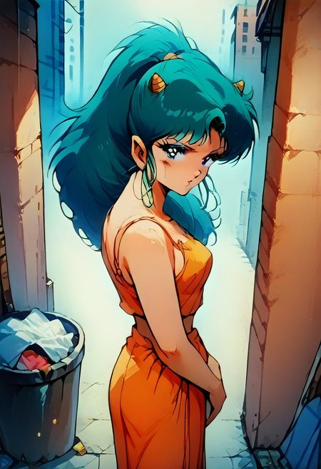 score_9, score_8_up, score_7_up, 1980's style, retro, source anime, flat color, (ultra-detailed), (masterpiece), (best quality), top quality, official art, 8k wallpaper, very detailed, (an extremely delicate and beautiful), (intense colors), (dramatic lighting), ((anime:1.4, illustration)), (absolutely resolution), ((16k, high res)), bbka_style, 3m0t3, BREAK, 1girl, lum, anime screencap, dynamic angle, Beautiful, cute girl, yellow (tiny horns), (tiny pointy ears:0.7), green hair, blue eyes, aqua hair, eyeshadow, intricately detailed illustration, source_Cartoon, cell shading, detailed face, cute woman, medium large breasts, round breasts, standing, hand on ass cheeks, midriff, dancer outfit, alley, morning, brick wall, waste, trash bin