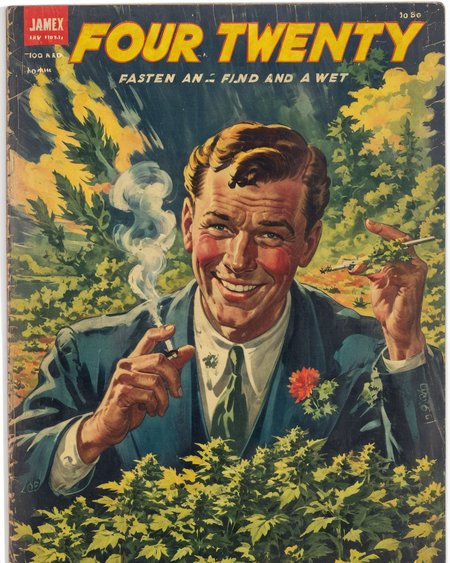 <lora:Wiz-VintageComicBookCover_v01:1> Vintage comic book cover of Four twenty, a high and smiling man smoking  in a field of Weed,