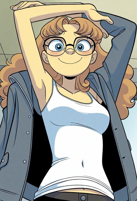 official art, style parody, cute, flat shading,DaisyW00ton, solo, 1girl,Glasses, medium breasts, jacket,  white tanktop, blue eyes, , long hair, , shy, smile, armpits, looking at viewer, slim, from below, navel