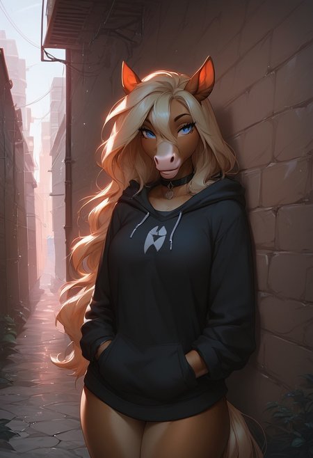 score_9, score_8_up, score_7_up, source_anime, Beautiful Lighting, 1girl, blue eyes, blonde hair, long hair, hair intakes, hair between eyes, (outdoors, alley:1.3), black choker, furry, (draft horse), hoodie, thighs,