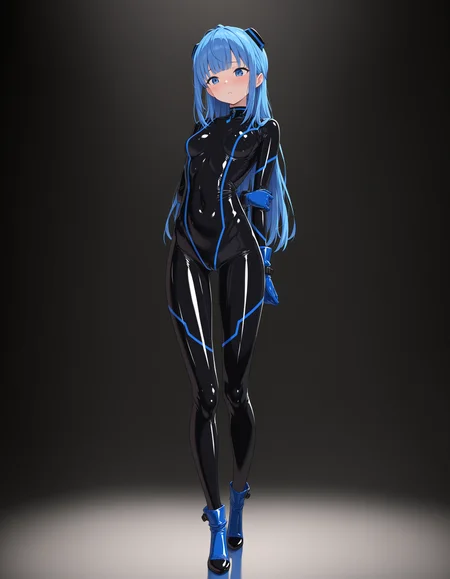 masterpiece,best quality,amazing quality,very aesthetic,high resolution,ultra detailed,perfect details,
1girl,<lora:mai_aigis_blue:1>,mai_aigis_blue,1girl,solo,long_hair,breasts,blush,blue_eyes,simple_background,gloves,blue_hair,full_body,sidelocks,small_breasts,parted_lips,blunt_bangs,covered_navel,bodysuit,headgear,black_background,skin_tight,shiny_clothes,black_bodysuit,latex,latex_bodysuit,
standing,full body,