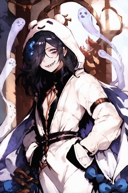 score_9, score_8_up, score_7_up, score_6_up, score_5_up, source anime, solo, 1girl, (lich \(granblue_fantasy\)), (hlich), white robe, hair over one eye, purple eye, (hands in pockets), cowboy shot, sharp teeth, smile,  looking at viewer, realistic background, lounge, indoors, thin arms, narrow shoulders, petite, long hair, black hair , long hair, hair ornament, <lora:Smooth Anime 2 Style SDXL_LoRA_PonyXL Diffusion V6 XL:1> <lora:OldAnimeStyle_PonyXL_v3:0.5> <lora:Halloween_Lich_Granblue_Fantasy15:1>