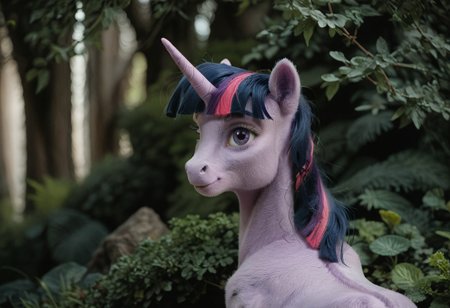 score_9, score_8_up, score_7_up, score_6_up, score_5_up, score_4_up, Realistic, solo, slender, slim, twilight sparkle, no humans, horn, unicorn, horse, pony, female, mare, unicorn, calm, unkempt mane, rear view, looking back, looking over shoulder, smirk, (fur:0.9), big eyes, realistic, photo, detailed, beautiful, small eyes, realistic eyes