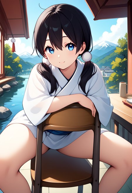score_9, score_8_up, score_7_up, source_anime, ultra detailed, 
Generate a picture of a girl stradding chair. She is leaning forward with her chest and abdomen resting on the backrest of the chair. Her arms on backrest, looking at viewer with light smile. (chair), front view,
The girl is wearing a (mountain print kimono) with white upper and light blue lower, bare legs and barefoot. 
The girl in the courtyard of a Japanese-style dojo, there is a small pond with low cherry trees along its edge.
(kitashirakawa_tamako), The girl has yellowish skin, long black hair made into twin low ponytails, hair between eyes, she has blue eyes, she is tender and slender, small breasts,
, ,<lora:kitashirakawa_tamako_pony:1>,<lora:Stradding_Chair_Pony:1>