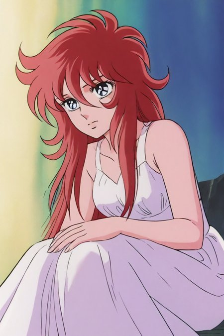 white dress, red hair, blue eyes, 1girl, solo, alone,  <lora:saint_seiya_style_illustriousXL:0.8>, saint_seiya_style, masterpiece, highres