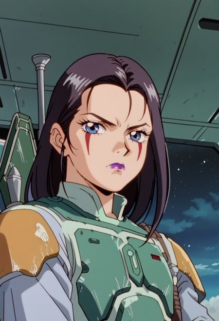 score_8, score_8_up, score_7_up, AWGXS, anime screenshot, retro artstyle,1990s (style), cel animation BREAK 1girl, female focus, solo, boba fett, long hair, black hair, blue eyes,dark purple lipstick, facial mark, black eye shadow,  green armor plating, cowboy shot, spacecraft interior, looking at viewer, frown, headwear removed,