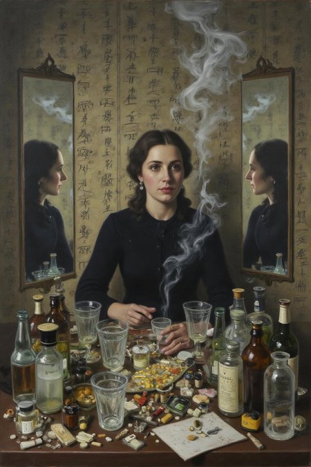 hansandersenbrendekilde1 painting. 
a woman seated at a cluttered table, surrounded by mirrored reflections of herself. The scene is filled with translucent glass cups, pill containers, and small bottles, all creating an eclectic and moody atmosphere. Smoke rises around her, adding a dreamlike quality, while a wallpaper of hand-drawn symbols or calligraphy fills the background.  <lora:hansandersenbrendekilde1_cap_d8a4e11:1.0><lora:855180295161312148:0>