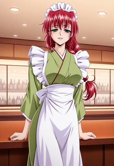 masterpiece, best quality, newest, highres, uncensored, 1girl, yokota mamoru style,motion lines,1girl,Yamashita Kumi, Braided Hair Loopies, Long Hair, Red Hair, Spiky Bangs,Cyan eyes, Tareme eyes,, Slim, Young-adultmasterpiece, best quality,The image is a digital illustration in the anime style, featuring a young woman with striking red hair styled in a bob with bangs, tied back with a white headband. Her eyes are large and expressive, with a bright, slightly mischievous sparkle. She has a fair skin tone and is dressed in a traditional Japanese maid outfit, consisting of a green kimono with a white apron tied at the waist, adorned with a frilly edge,luxury restaurant,torogao,seductive smile,