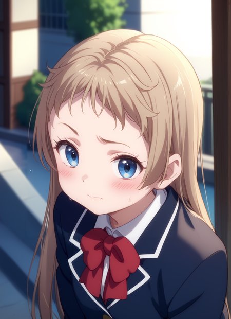 score_9, score_8_up, score_7_up, source anime,  score_9,score_8_up,masterpiece,best quality,correct anatomy,solo,anime_source,1girl,solo,perfect eyes,perfect arms,perfect legs,perfect face,outdoors,upper body,(portrait:1.5),looking at viewer,facing viewer,embarrassed,smile,blush,Sanae Dekomori,long hair,light brown hair,hair down,sidelocks,bangs,blue eyes,icho private high school uniform,black jacket,blazer,collared shirt,white shirt,red bowtie,long sleeves,small breasts,miniskirt,red skirt,plaid skirt,frilled skirt,white socks,loafers,<lora:Sanae Dekomori(cdkgs)-Pony:1>,, BREAK ,anime screencap, anime coloring,, , shiny, shiny skin, shiny hair, soft body,, BREAK ,score_9, score_8_up, score_7_up, detailed face, detailed body, best background, detailed background, uncensored,, , <lora:add-detail-xl:1.1>,  <lora:enhancerV4-pony:1>, <lora:PerfectEyesXL:0.8> perfecteyes,
