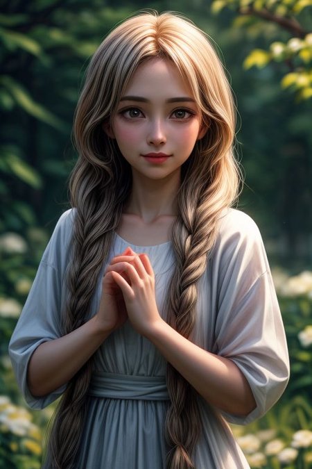 Girl, long hair gathered in a braid, flowers woven into her hair, light spring dress (bright color), slight smile on her face, flowers in her hands, portrait, ultra-detailed, realism, 32k