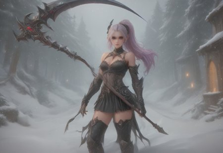 score_9, score_8_up, score_7_up, score_6_up, dynamic, (anime, masterpiece), best quality, (8k), detailed background, sharp focus, intricate, ambient lighting, super high quality, hyper detailed background, cinematic lighting, adult, dungeons and dragons character art style, a norse girl early 20s, straight long lilac hair tied back into a ponytail, heart choker, black hairband, dark blue eyes, pale skin, human, wearing black crop top and black leather skirt, thighhigh high heeled boots, holding a scythe in her hands attacking a monster, full body portrait, zoomed out, medium breasts, walking through a snowy mountain village