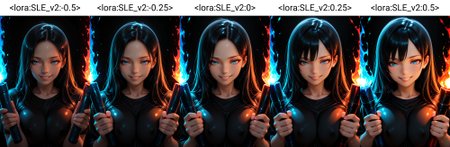 Smooth_Quality, symmetrical pose, symmetry, symmetrical lighting, 1girl, black hair, blue eyes, long hair, black shirt, close-up, upper body, torch, holding torch, (dual wielding), (blue torch light), (red torch light), breasts squeezed together, grin, simple background, (black background), dark theme, black theme,  <lora:Smooth_Booster:0.5>​​​ <lora:SLE_v2:-0.5>