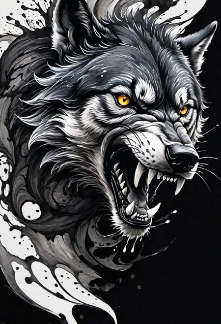 (masterpiece), 
one angry wolf head,
swirling ink,
black background,