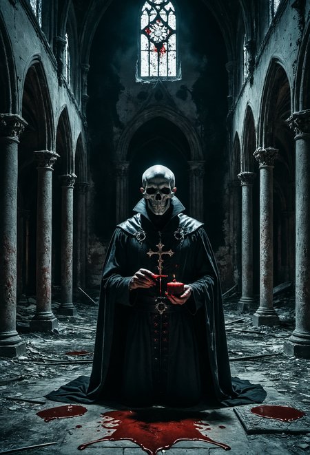 Horror-themed create for me a vision of an evil magician practicing blood magic and necromancy in an ancient abandoned cathedral, Hyperrealistic art cinematic film still photography in the style of detailed hyperrealism photoshoot,RAW,color graded portra 400 film,remarkable color,realistic dull skin noise,Thorough,analog style,highest quality,skin pores,sharp focus,dappled lighting,film grain,photographed on a Sony A7R IV,18mm F/1.7 cine lens,(highly detailed, intricately detailed),8k,HDR, . Eerie, unsettling, dark, spooky, suspenseful, grim, highly detailed