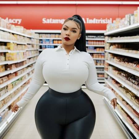 dummy thicc woman standing in a grocery store, black tights, white shirt, detailed face, red lipstick, from the front, industrial lighting