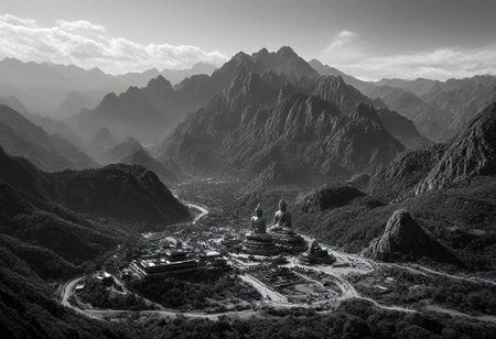 landscape, (black and white, b&w, chrome, monochrome, greyscale, grain), science fiction, breathtaking (otherworldly),highly insanely detailed,masterpiece,top quality,best quality,highres,4k,8k,RAW photo,(beautiful and aesthetic),Fantasy style,oriental scenery,wonderland,vista,clouds,mountains,Buddha light,giant Buddha,Silhouettes of people,dazzling,rich colors,<lora:add_detail:0.7>,(mewkledreamy:1.1), . award-winning, professional, highly detailed