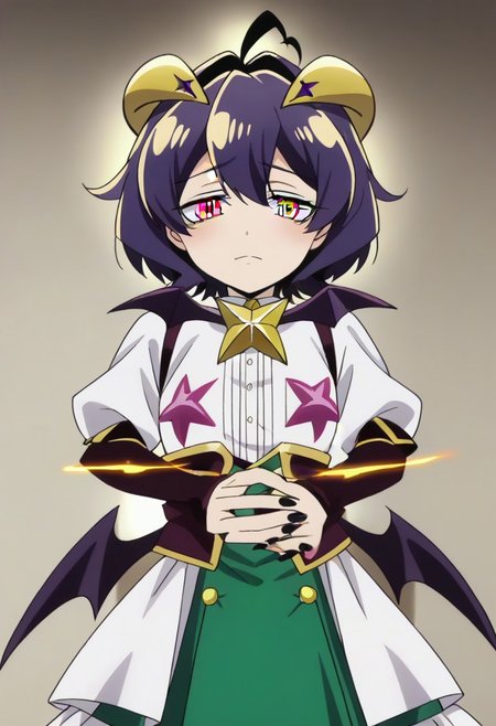 source_anime <lora:GushingoverMagicalGirlsSet1:0.8>, MagiaBaiser, short hair, yellow eyes, ahoge, purple hair, magical girl, showgirl skirt, black nails, low wings, cross-shaped pupils, yellow horns, star pasties,,, ,,, , , ,,,, ,,, , ,,,,,,,, anime coloring,anime screencap, 1girl,Solo ,, anime,official art,,Uncensored ,Unedited ,,,,,,,,