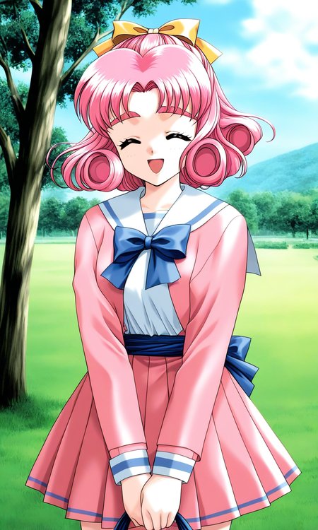 general,highres, ultra-detailed,very aesthetic,best quality ,best hands, BREAK <lora:Minagawa_Nana_kakyuusei_Ver2.0_IS:1>
Minagawa_Nana(kakyuusei), 1girl, solo, pink hair, short hair, hair bow, ribbon, closed eyes, curly hair, 
open mouth,
school uniform, long sleeves, bangs, pink skirt, pink jacket, pleated skirt, blue bow, white shirt, blue sash,
smile, v arms, cowboy_Shot, open jacket,
grass, tree, sky, day,