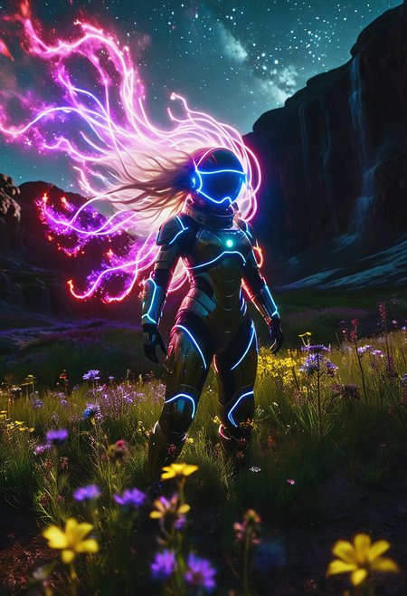 light painting of grasslands cinematic film still of space suit  woman in flower garaden, A silhouette photo of a woman ,1girl,long hair, (wind:1.15),gritty, epic scene, dramatic lighting, cinematic, pale skin, imperfections, (8K resolution), establishing shot, high textures,  leica, subsurface scattering, ,CINEMATIC,MOVIE STILL,CHROMATIC ABERRATION,REALISTIC,,amazing, cinematic, intricate, artistic,  extremely inspirational, epic scene, cinematic,, high textures, red stardust,