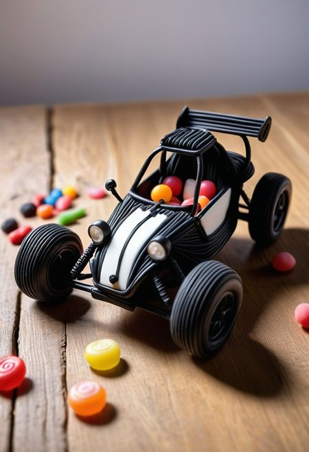 realistic, photograph, detailed photography, high quality, depth of field, tilt shift, white balance, volumetric lighting, close shot, 
Jed-Lcrce, 
Miniature racing buggy without driver, 1:16 scale racing buggy, the miniature racing buggy is made entirely out of black licorice, the seats are empty, the wheels are made out of gumdrops, 
(the miniature racing buggy rests on a large wooden table), inside, hobby room, wooden table surface, 
There are a few gumdrops and candies scattered on the table