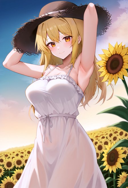 score_9, score_8_up, score_7_up, score_6_up, score_5_up, score_4_up, 
simple background, gradient background, 
refraction, caustics, rim lights, backlighting, bloom, 
BREAK
source_anime, day, outdoors, sky, flower field, sunflower, sunflower field, sunset, 
BREAK
1girl, sundress, sunhat, blonde hair, large breasts, see-through silhouette, happy, hair between eyes, 
arms up, armpits, light smile, 
<lora:Ru_Zhai-v1-PDXL:1>