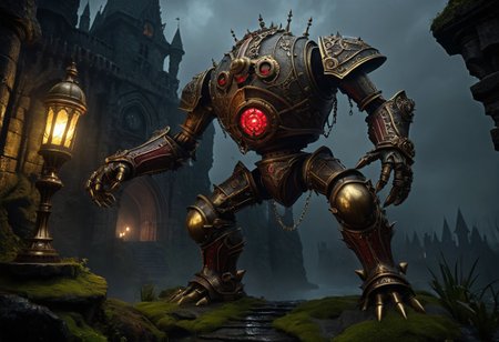 giant bipedal robot brass and dark ivory and red striped paint, bronze paisley robot. lacy robot metal. spiked helmet head. outside of a steampunk keep. large detailed torso. dark image. one forty foot tall ancient robot with great arms and two heavy spring legs. dark foggy night background. $dark foggy night image only. dark photo realistic image. steampunk details. cogs, chains and pipes incorporated in the fantasy buildings. magic wizards tower in background. Dark swamp, moss, castle ruins, wizards tower. stormy dark night.  stormy sky.  rain