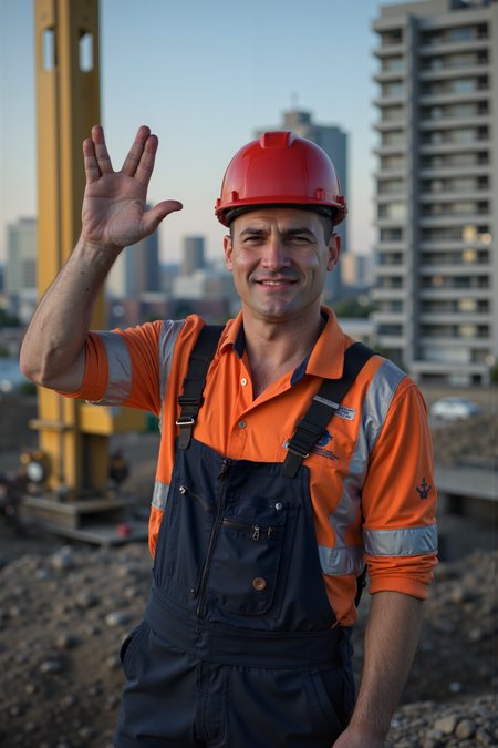 a construction worker on a construction site is giving a v-shaped vulcan salute hand gesture with extended thumb.Fantastic lighting. Detailed shadows.intricate details, vivid colors, hyper-detailed, ultra-sharp<lora:VULCANSALUTE_FLUX><lora:aidmaMJ6.1-FLUX-V0.1:0.6><lora:Movie_Portrait><lora:Flux DetailerV2>