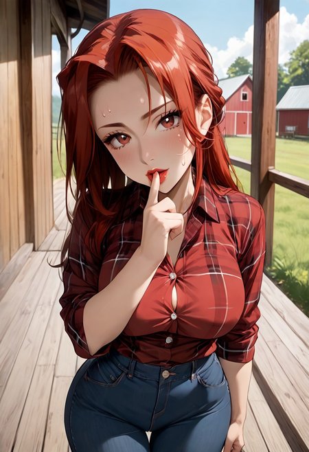 score_9, score_8_up, score_7_up, 1girl, (Full metal alchemist, Winry Rockbell), BREAK, 1woman, Yurina_Suzukaze, focus from above, (finger_to_mouth), (shushing), looking at viewer, blushing, sweat, cupping breasts, proud, moaning, solo, seductive, (cute), looking at the viewer, thin, fit body, bubble butt, (Yurina_Suzukaze, long hair, Red hair, hair intakes, (red eyes:1.2), red eyebrows, red lipstick, eyelashes, black eyeliner, small waist, wide hips, big ass), huge breasts, wide eyes, plaid shirt, button-up, collared shirt, plaid shirt, red shirt, sweating, open, (red shirt, plaid shirt), denim, jeans, arched back, standing straight, 
Outdoors, farm, blue sky, sunny
