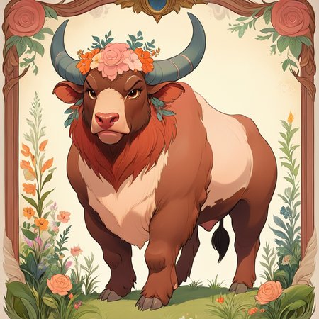 <lora:Disney_NouveauSDXL:1> ArsMJStyle, Disney Nouveau, The image shows a painting of a bull with horns and flowers on its head surrounded by a frame of plants and flowers., no humans, flower, horns, solo, pokemon (creature), grass, full body, standing, border, brown eyes