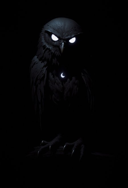 A dark owl with glowing, white-blue eyes perched against a black background. The owl's feathers are entirely deep black with a matte texture, reflecting no light. A small crescent moon symbol is visible on its forehead, glowing faintly with the same white-blue hue as its eyes. The owl is in a still, upright position, its sharp talons gripping an unseen perch in the darkness. The overall style is minimalistic with a focus on the contrast between the dark feathers and the glowing elements. The atmosphere is mysterious, mystical, and eerie, with no visible details of the surrounding environment.   <lora:FluxMythP0rtr4itStyle:0.53> MythP0rt, <lora:dark_fantasy_flux:0.83> <lora:FredFraiStyle-FLUX-Share:0.63> <lora:sxz-Dark-Fantasy-v2-Flux:0.33> drkfnts style, <lora:flux.1_lora_flyway_Epic-Characters_v1:0.43>