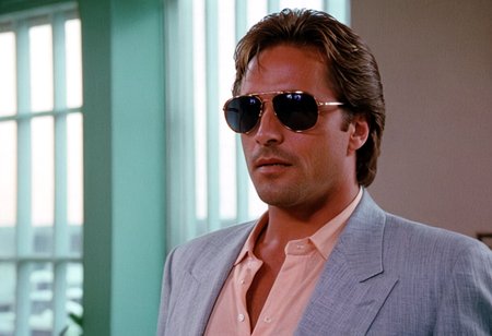 MiamiVice, Sonny Crockett, man, shades, closeup, office, back light, indoors, highly detailed, 4K, ((stylish grainy analog 35mm photo))
