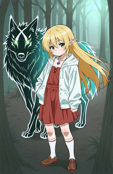 1girl, solo, <lora:Daikin:1> dkn, 
sanzen'in nagi, green eyes, blonde hair, long hair, petite, flat chest, mori girl, soft jacket, maxi skirt, overknee socks, flat shoes, necklace, (long shot), encountering a mythical beast, detailed face, located in a magical scene at a serene elf village during twilight with rainy weather, illuminated by radiant beams, creating a adventurous,ethereal atmosphere, extremely detailed, highres, masterpiece, best quality