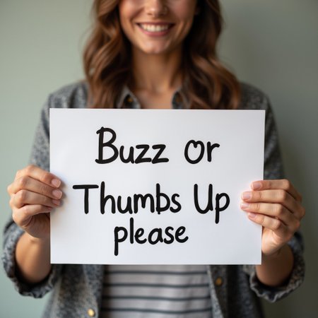 woman  holding a sign that say "buzz or thumbs up please"