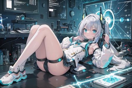 (masterpiece), (science fiction:1.4), 1girl, lying on the back on a mirror, lying on the back on a mirror, lying on the back on a mirror, smile, silver hair, aqua eyes, headgear, long sleeves, detached sleeves, glowing energy clothing, light particles, energy particles, perfect hands, perfect legs