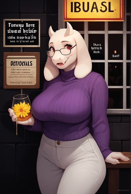 score_9, score_8_up, score_7_up, score_6_up, score_5_up, score_4_up,  <lora:oouna_style_ponyxl_v1.2_locon:1.0> oounastyle, english text, character name,bus stop, tavern, (black background:1.2), tiles, yellow flowers
1girl, furry, toriel, red eyes, glasses, purple sweater, white pants, smile, large breasts, eye reflection, open mouth
