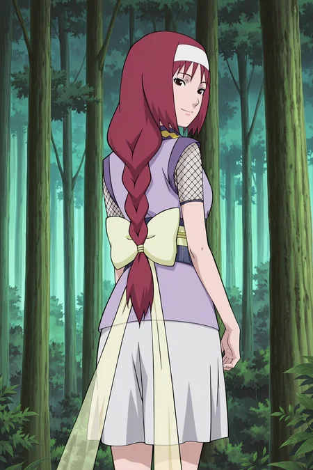 anime screencap, anime coloring, detailed face, masterpiece, best quality, very aesthetic, absurdres, volumetric lighting, official style, amazing quality, ultra detailed,  highres, amazing quality, scenery, beautiful detailed hair, beautiful detailed eyes,
<lora:StS-Illustrious-Detail-Slider-v1.0:4>
<lora:Honoka_Naruto_Shippuden:1>,
Honoka (Naruto character), nature, solo, forest, braid, long hair, red hair, 1girl, tree, from behind, outdoors, single braid, bow, standing, looking back at the viewer, sexy smile