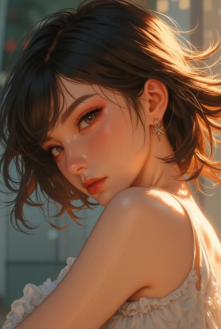 Niji_anime, masterpiece, high-resolution anime-style illustration, semi-realistic anime, ultra-detailed, soft painterly shading, delicate gradients, cel-shaded highlights, expressive linework, subtle chromatic aberration, cinematic depth of field, watercolor-like textures, glowing ambient lighting, warm and cool contrast blending, ethereal beauty, dynamic lighting effects, highly detailed features, hyper-detailed eyes, smooth skin rendering, elegant composition, soft glow.

A stunning anime-style portrait of a beautiful, sexy girl, depicted with graceful elegance and soft, alluring expression. Her delicate facial features are framed by flowing hair, softly illuminated by glowing ambient lighting that enhances her youthful, radiant complexion. Her eyes are deep, expressive, and captivating, reflecting light with hyper-detailed highlights that make them glow with intensity and warmth.

The soft painterly shading and watercolor-like textures blend seamlessly with cinematic lighting, creating a dreamlike atmosphere. The warm and cool color contrast gently enhances the depth and realism, while cel-shaded highlights add a touch of crisp anime aesthetics. The expressive linework defines her features with graceful precision, while subtle chromatic aberration lends the image an artistic, high-quality finish.

The background is softly blurred, creating an elegant depth-of-field effect that focuses all attention on her beauty and charm. The overall aesthetic is romantic, ethereal, and mesmerizing, embodying the perfect balance between semi-realism and anime-style artistry.