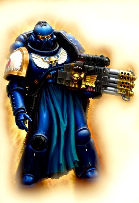 Score_9_up, absurdres, source: GamesWorkshop, grimdark, gothic horror, an adeptus astartes Ultramarines space marine in armor and helmet wielding a melta gun