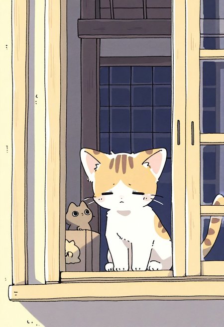 "(masterpiece, best quality, high quality, highres), very awa, highres, absurdres,
(naguru \(cyoroama\), (chii-kun \(seedyoulater\):0.7), 
(cat:1.1),
(no humans:1.1), (cute:1.2), comfy, solo, cozy,
outdoors, 2 store house, looking in a window, oo, sad, evening, "