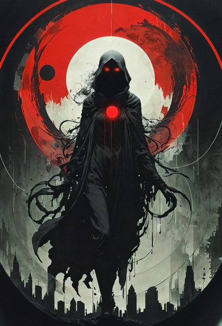 ral-ertmsphr otclillsn carcosa city, cybersecurity meme, data flows, dynamic movement, bleaked red and black, a Vintage casual goddess inside of circle, looking curious, By Yoji Shinkawa