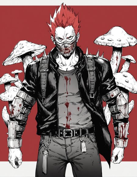 score_9, score_8_up, score_7_up,score_6_up,high resolution,qhayastyle,monochrome,greyscale,red background,en,1boy,spiked hair,red hair,mask,jacket,pants,belt,shoulder pads,mushroom,castle,rim lighting,dof,solo,pov,dirty,blood,from side