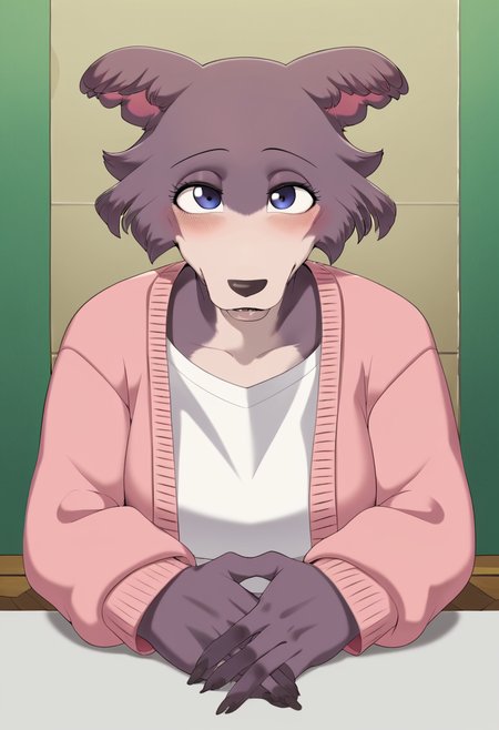 zPDXL, score_9_up, score_8_up,_7_up, score_6_up, score_5_up, score_4_up ,source_furry, best quality, amazing quality, masterpiece, 1girl, looking at viewer, solo, close, face focus, upper body, cute, blush, seductive smile, cute pose, outoors, cafe, sitting at the table, juno, wolf girl, brown-purple fur, blue eyes, wolf tail, pink cardigan, white t-shirt, green pants, <lora:JunoUpdated:0.8>, cervina7, <lora:Cervina7:1>
