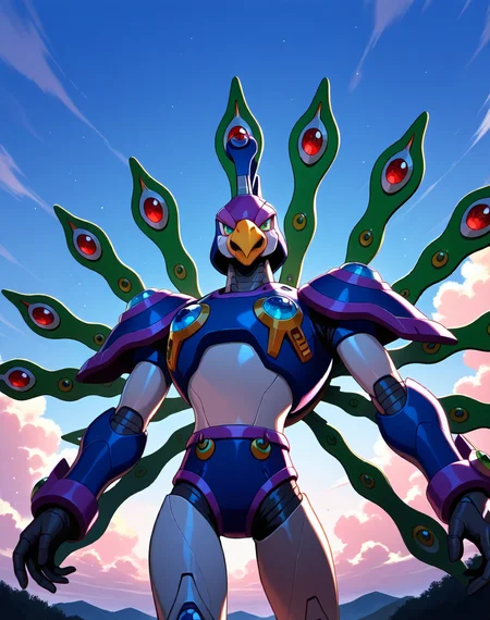 <lora:Cyber_Peacock_(Mega_Man_X)_(Illustrious)_(AD):1> Cyber Peacock, reploid, MMX, 
exterior, blue sky with clouds,
male focus, intense shadows, dynamic shadows, intricate details, attention to details, gradient coloring, bright vivid colors, robot, beak, sexy smile, half closed eyes, effeminate walk, narcissist, mid shot, 
BREAK very awa, masterpiece, best quality, amazing quality, very aesthetic, highres, absurdres, 
EZRealPONYXL, zPDXL, Smooth Quality, lazynsfw,