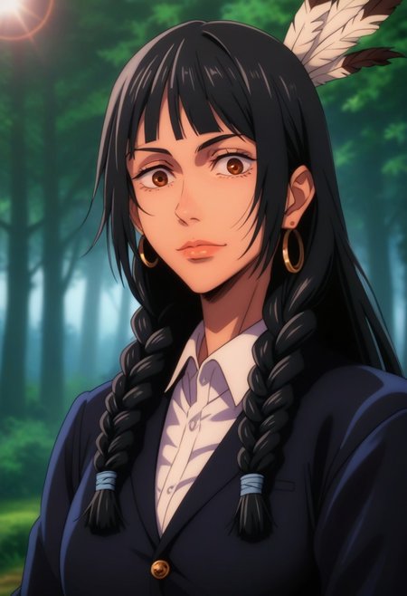 score_9, score_8_up, score_7_up, source_anime, intricate details, anime screencap, perfect balance, official art, extremely detailed CG unity 8k wallpaper, perfect lighting, Colorful, Warm_Front_face_Lighting, (masterpiece:1.0),(best_quality:1.0), ultra high res,4K,ultra-detailed, photography, 8K, HDR, highres, absurdres:1.2, Kodak portra 400, blurry background, bokeh, lens flare, (Anime) (vibrant_color:1.2), professional photograph, night, (cute_face:1.2), 2d, anime, upper body, intricate iris, American, Professional character design, 1girl, female focus, (Brown eyes), perfect eyes, (black-hair), Native American, Indigenous, American Indian, youthful, solo, jujutsu_kaisen_style, character portrait, (perfect-lighting), face, young, (Dark-black-hair), Long hair, (Native American), Indigenous, American Indian, (wild hair), (((wild eyes))), (Native North American), (Upturned eyes), (high cheekbones), (strong jawline), (Black Hair), ((((Native-American-Eagle-feather-braids, Native American Eagle feather accessories)))), (Black Cowboy Jacket), (((wild eyes))) ((Bobbed Bangs)) (((Slanted-Eyes))) (Psycho) (Happy) (Friendly) (Goofy) (Dark Black Jacket) (White Dress Shirt), (Blue Warpaint), (Redwood Forest, Pacific Northwest Forests), (Inuit), (Tan skin), (Dark Skin), (Brown skin), (bobbed hair), White Eagle-Feather-Earrings, Thick Bangs, Bobbed hair, Bob-cut, White-Feather-Earrings, Brown-skin, Inuit Face-paint