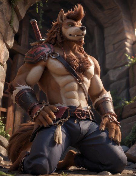 score_9, score_8_up, score_7_up, BREAK (anthro, furry:1.1), depth of field, cinematic lighting, masterpiece, (detailed hands:1.25), best quality, ultra realistic, 4k, 2k, film photography, RAW photo, photorealistic, analog style, subsurface scattering, photorealism, embedding:unaestheticXL_bp5, embedding:zPDXL,(best quality, high quality, 8K:1.5), <lora:add-detail-xl:2.5>, <lora:fix_hands.safetensors:2.0>, <lora:2.5DRealisticV2.safetensors:0.3>, <lora:sinfully_stylish_SDXL.safetensors:0.6>,  <lora:AdvancedEnhancerXLv2.safetensors:1.0>, (hi res), ((masterpiece)), ((best quality)), illustration, <lora:Ricardo_Welkin.safetensors:0.7>, Ricardo Welkin, canid, canine, canis, mammal, wolf, abs, anthro, beard, body hair, green eyes, bottomwear, brown body, brown fur, brown hair, chain, chest hair, clothed, clothing, facial hair, fangs, fur, hair, looking at viewer, male, melee weapon, pants, pecs, solo, sword, teeth, topless, weapon  (three-quarter view, low-angle view, three-quarter portrait, looking at viewer, hand on thigh, crystal cave afternoon flood, kneeling on one leg looking at another looking at hand v sign:1.15)