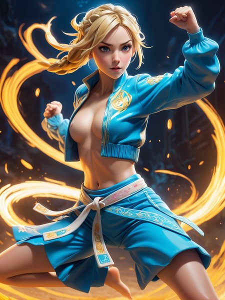 a cute blonde martial artist anime girl strikes a jumping mid-air fighting pose, dust swirls to her movements, her stance strong and sharp, eclectic blue water magic, neon background, luminescent clothing accents, slim and flat-chested, bandage wrapped chest, blue jacket over, perfect action perspective shot, intricately detailed hand ornaments