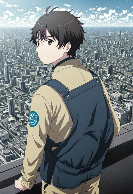 high resolution, solo, best quality, 1Boy, Inaho Kaizuka, Black Hair, Brown Eyes, high-rise, top of building, landscape, depth of field, OverallDetail