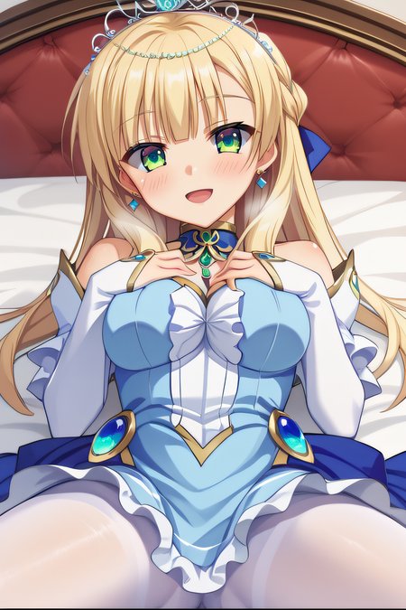 score_9, score_8_up, score_7_up, source_anime, rating_safe, intricate details, anime screencap, official style, 1girl, solo, <lora:Sylvia_le_Cruzcrown:1>, sylvia, blonde hair, long hair, green eyes, earrings, detached sleeves, light blue dress, tiara, bare shoulders, jewelry, frilled dress, white frills, white pantyhose, looking at viewer, smile, indoor, lying on bed, bed sheet, cowboy shot, spread legs, hand on chest, blush, naughty face, breath, open mouth