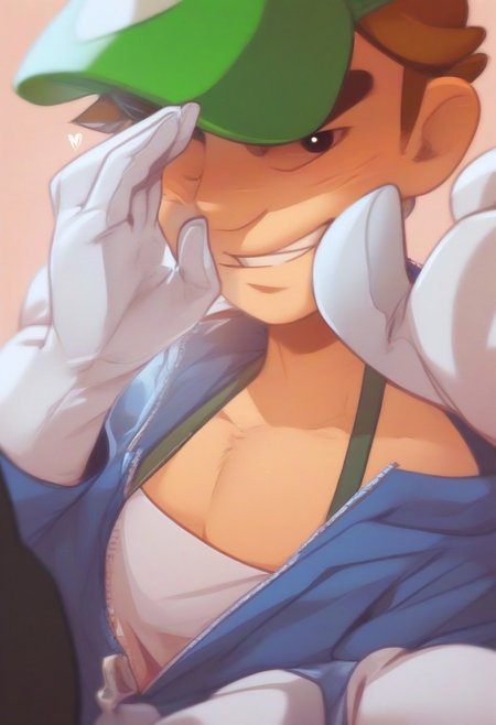 score_9, score_8_up, score_7_up, whispering, hand up, <lora:WhisperingPOV_pdxl_Incrs_v1:1>, 1boy,  <lora:Luigi_XLPD:1> Incrsluigi, luigi, green headwear, blue overalls, white gloves, long sleeves <lora:Degen_Unzip_Beta:0.8> front_zipper_pulldown, cleavage, partially unzipped, smirk, looking at viewer, upper body,