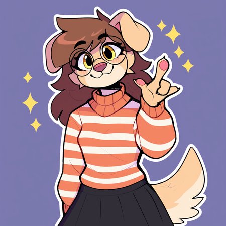 score_9_up, score_8_up, score_7_up, score_6_up, by remanedur, half-length portrait, brown hair, round glasses, furry female, dog, female, furry, floppy ears,  yellow eyes, looking at viewer, solo, smile, happy, gesture, three-quarter view, head tilt, sweater, striped sweater, black skirt, black socks, thigh socks, tail, simple background, white outline, <lora:Leah_Pines(AIM)_XL_v1:0.25> <lora:PDXL_artist_tags_v2_big:0.5> <lora:The-Minuscule-Task_PDXL_v1.0:0.6>  <lora:Buttercup_Jayrnski:0.4>
